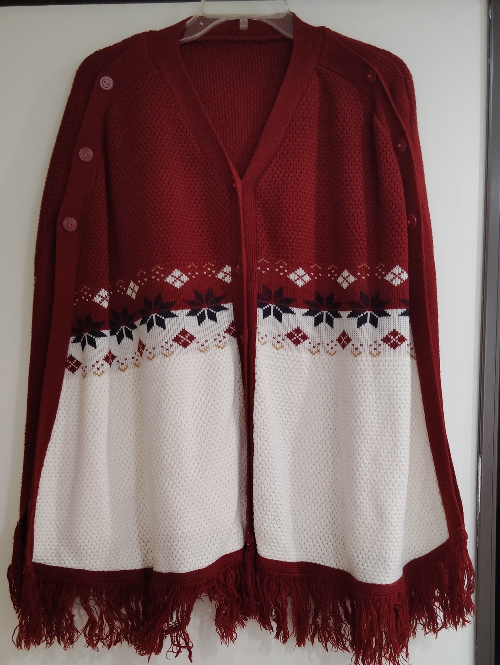 Vintage Red and White Knit Cape with Fringe